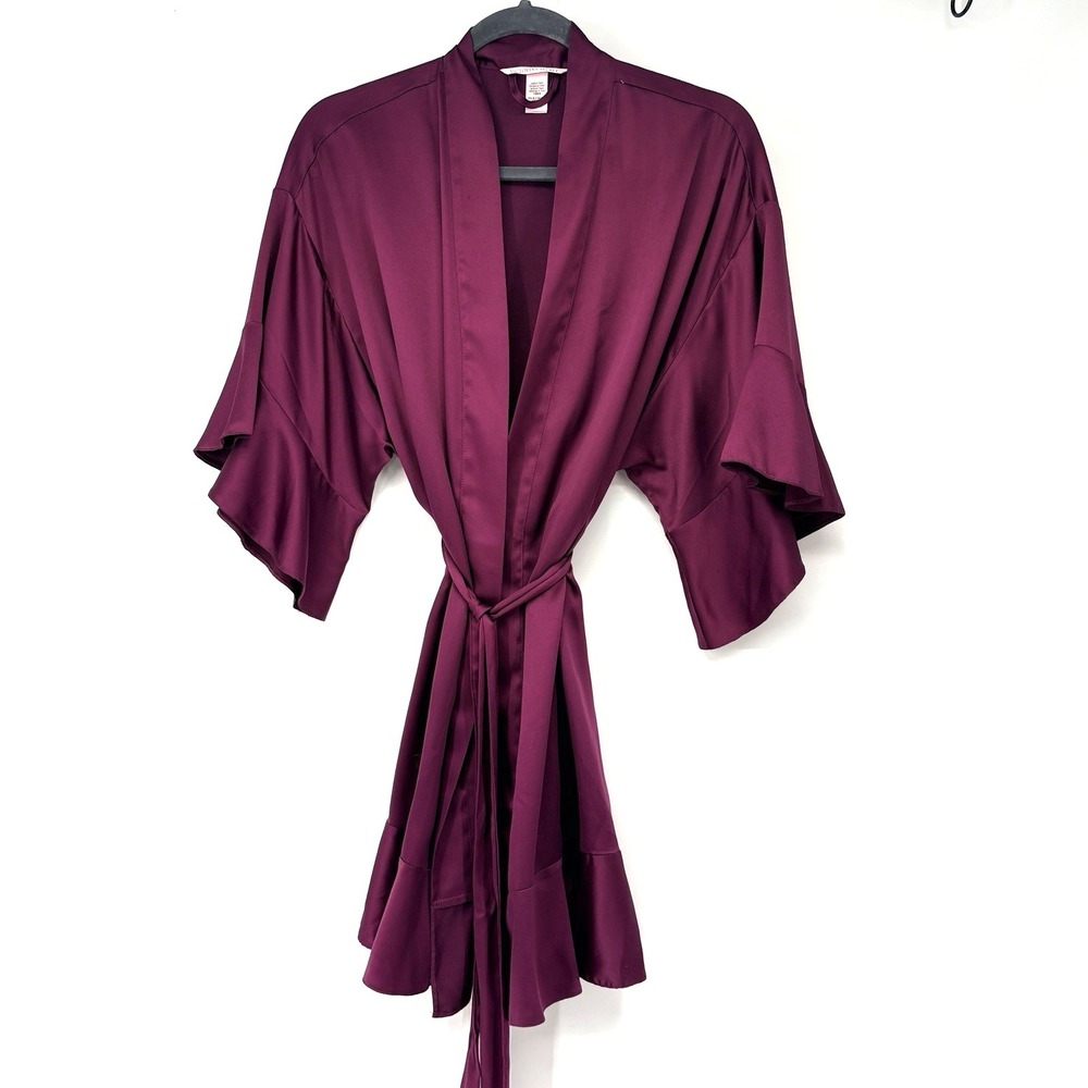 VICTORIA SECRET Robe XS Burgundy Wine Sexy Satin Robe Belted Ruffle